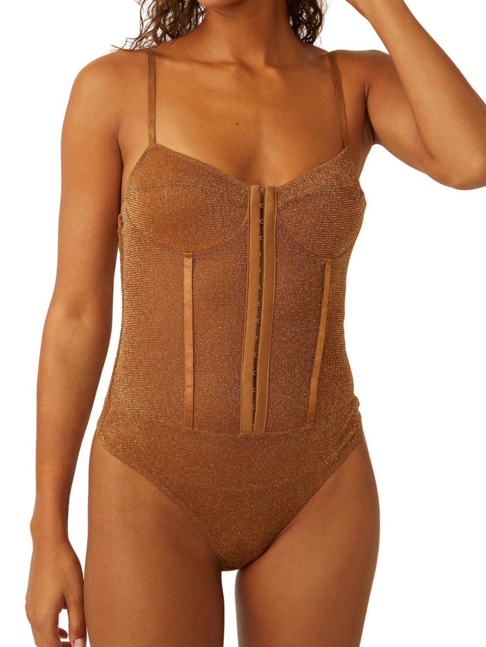 Free People Shimmer Bronze Hook-Front Underwire Bodysuit